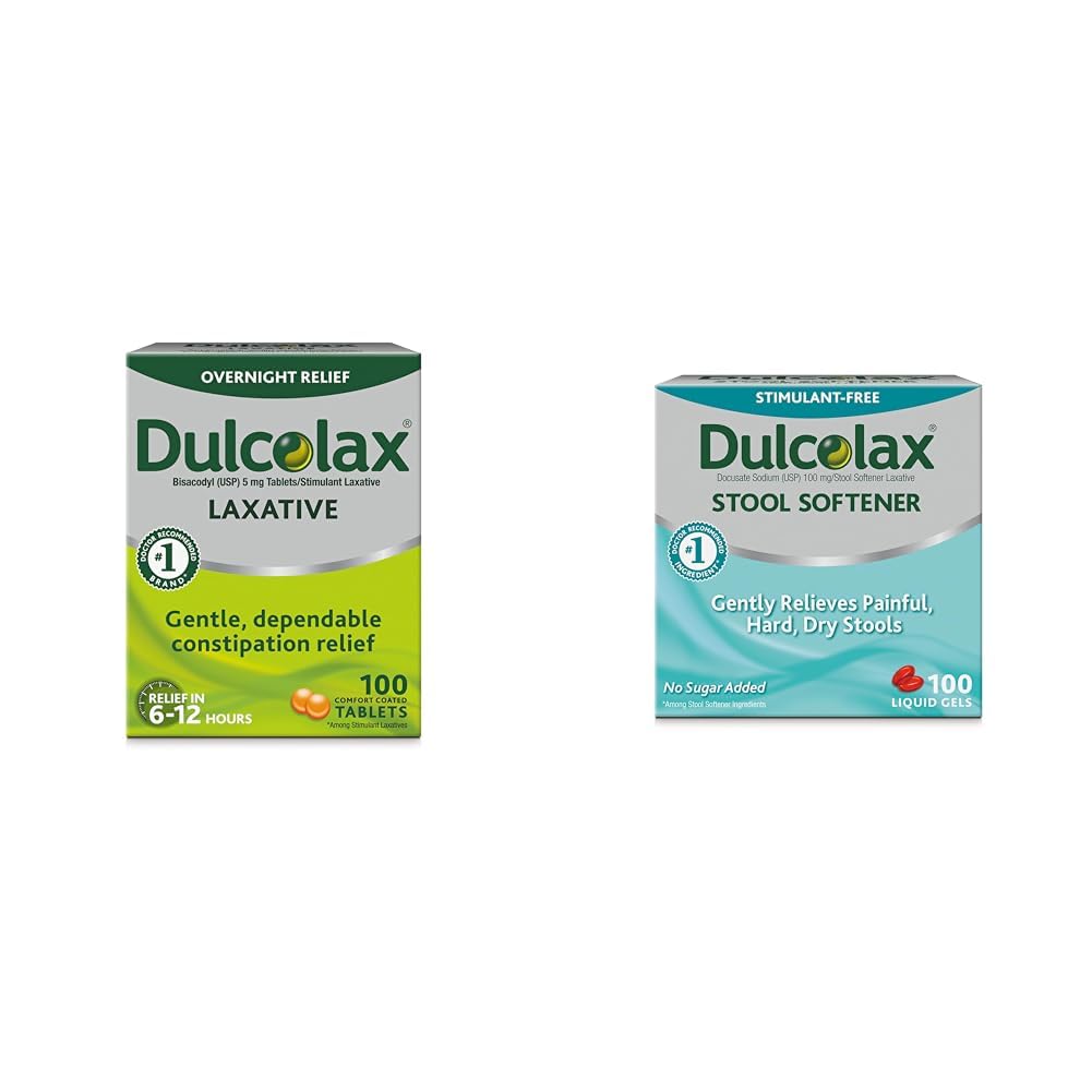 Dulcolax Stimulant Laksativne tablete (100- odstotno število) Nežna nočna zapora Relief, Bisacodil 5 mg & Stool Mehčalo Kapsule tekočega gela (100 ct) za Nežno olajšanje, Docusate natrij 100 mg