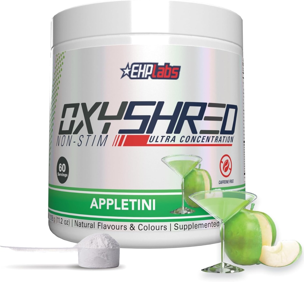 EHP Labs OxyShred Non Stimulant Pred vadbo Powder - Stim Free Pre Workout, Kofein Prost Preworkout za moške in ženske z L Glutamin & Acetil L Carnitine - Apple, 60 Servings