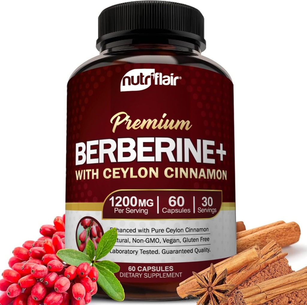 NutriFlair Premium Berberine HCL 1200mg, 60 kapsul - Plus čisti cimet, dodatki Tablete, Podpora imunskega sistema