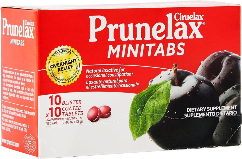 Prunelax Ciruelax Redna moč Laksativne mini tablete - Nočna olajšava za občasno zaprtje, izvleček Senne, vegan & gluten-free, nežna pomoč - 100ct