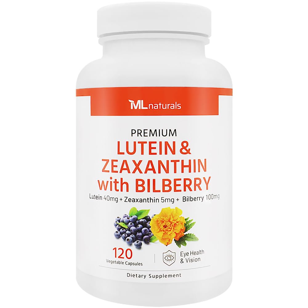 ML Naturals Premium Lutein & Zeaksantin z borovnico 120 Zelenjavne kapsule. Lutein 40 mg, Zeaksantin 5 mg in borovnica 100 mg. Premium Quality. Zdrave oči in vid, NSF-Certified in cGMP- Compliant