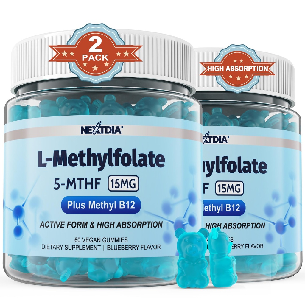 L-metilFolate 15 mg & metil B12 Gumies, metilirani B1, B2, B6 multivitamini - aktivni 5-MTHHF & visoka absorpcija - podpira MTHFR Gene, Kognition, Homocystein ravni, Folate Presnova, Vegan, 120 Cts
