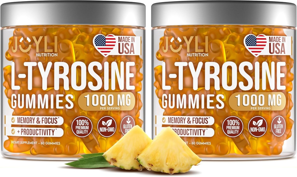 2 Pack - JOYLI L-tirozin Gumies 1000MG – Sugar-free Vegan Focus Supplement & Mood Podpora za otroke in odrasle – 500mg na Gummy – Sleep Gummies for Memory, Energy & Wellness – 60 Pcs na paket