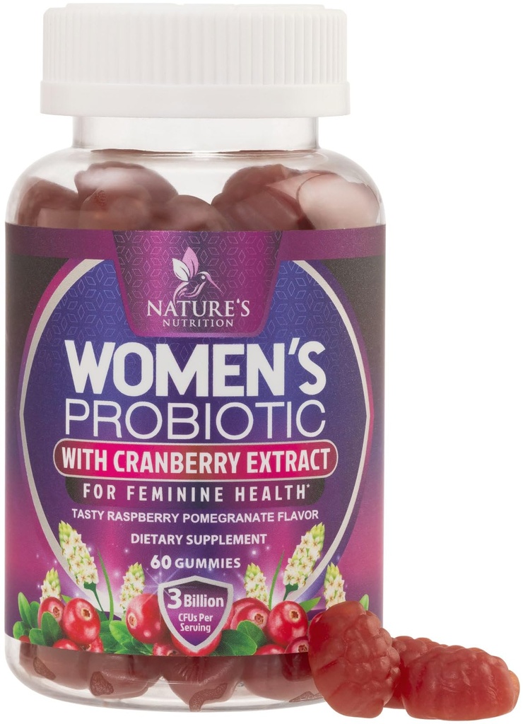 Probiotiki za ženske Gumije z brusnicami - 6 Premium sevi za PH ravnotežje, prebavno zdravje, vaginalno in imuno podporo, 3 milijarda CFU, ženski probiotični Gummy za zdravje žensk - 60 Gumies