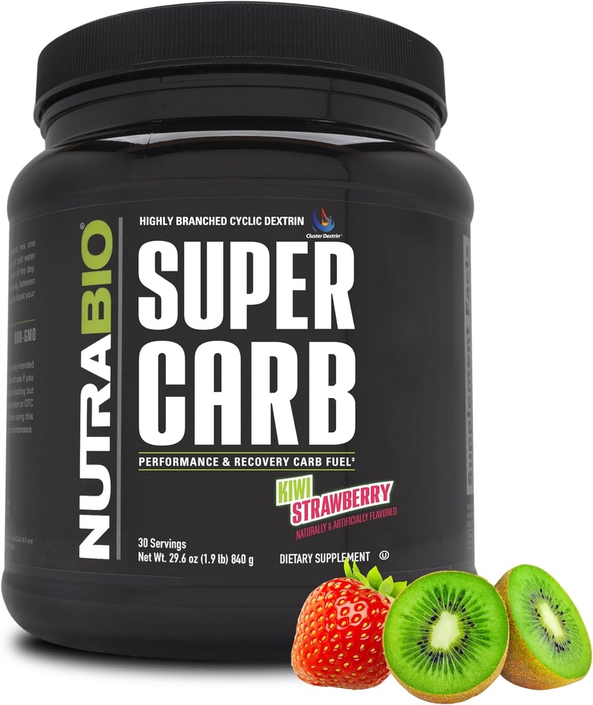 NutraBio Super Carb, ogljikovi hidrati v prahu z grozdnim dekstrinom in elektroliti, napredni ogljikovi dodatki v prahu za gorivo, zmogljivost in okrevanje mišic, ciklični dekstrin, kivi jagode, 30 Sv