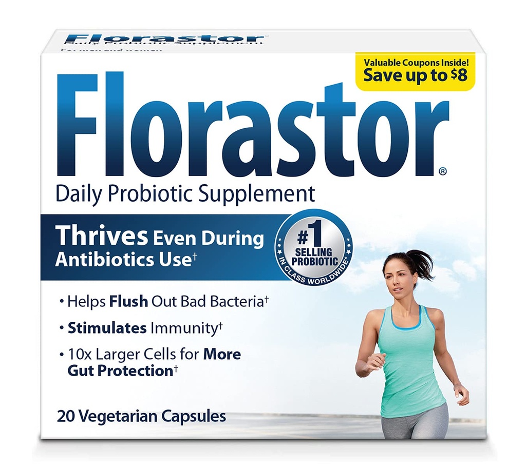 Florastor Probiotics for Digestive & Immune Health, 20 Capsules, Probiotics for Women & Men, Dual action helps flush out bad bacteria & boosts the good with our unique strain Saccharomyces boulardii