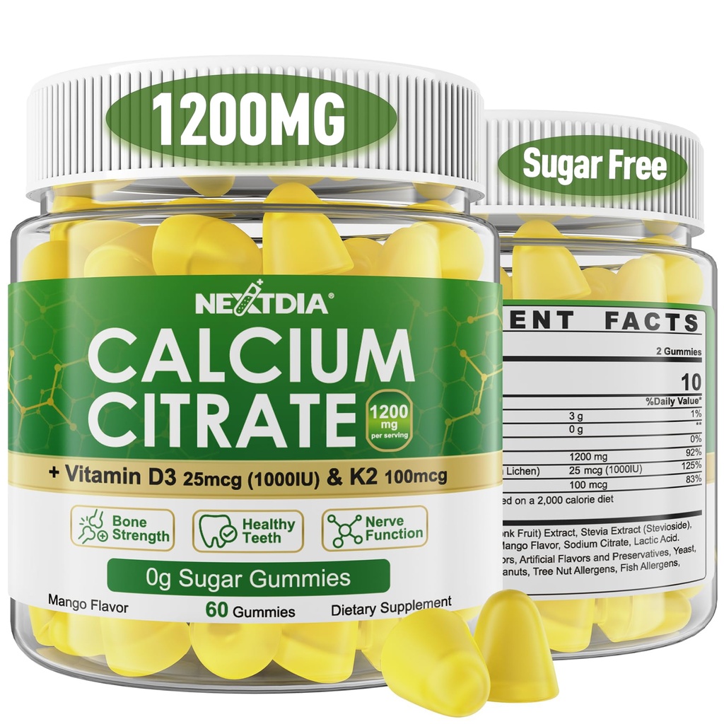 Kalcijev citrat Gumies 1200mg z vitaminom D3 K2, žvečljivi kalcijevi dodatki za ženske in moške, visoka moč podpora B0ne, Te*th, moč in imuno zdravje, mangov okus, ne-GMO, sladkor brez, 120 Cts