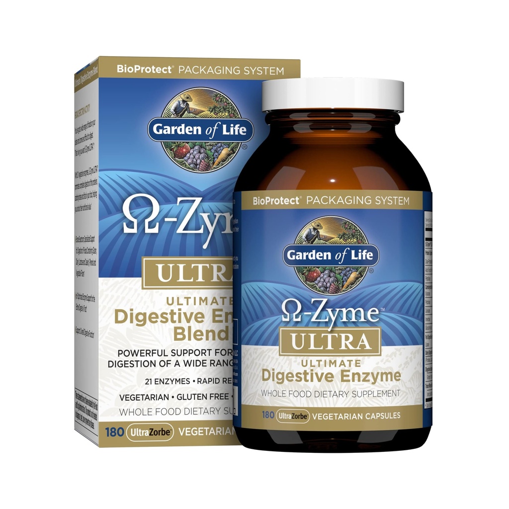 Vrt življenja 21 Močni prebavni encimi s papainom, bromelainom, lipazo, ingverjem, kurkuma za popolno prebavo beljakovin, ogljikovih hidratov in maščob – Omega-Zyme ULTRA, gluten-free, vegetarijanec, 180 kapsul