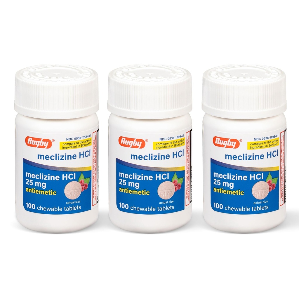 Rugby Meclizine žvečljive tablete 25 mg - zdravilo proti slabosti pomaga pri slabosti gibanja - 100 število (3 paket)
