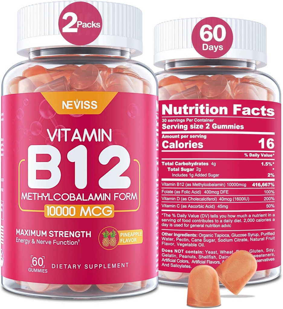 NEVIS Vitamin B12 10000 mcg (metil B12) Gumiji z vitaminom D3, B9 Vitamin Folat, Vitamin C, za energijsko okrepitev in presnovo, živčni sistem, močna kost, Imunska podpora, nizek sladkor, 120 Štetje