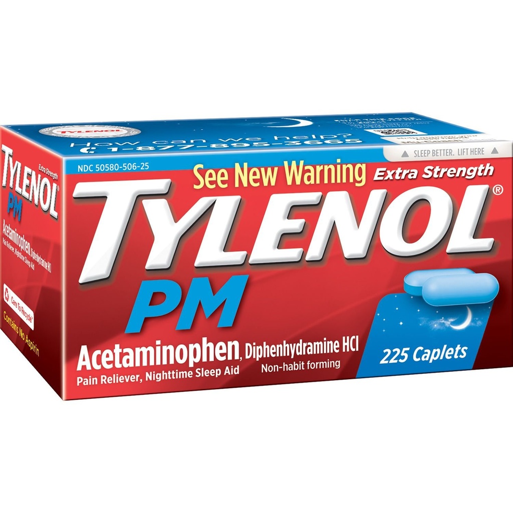 Tylenol Pm Dodatna moč bolečina Reliever + pomoč v spanju, 225 kapsul (1 pakiranje)