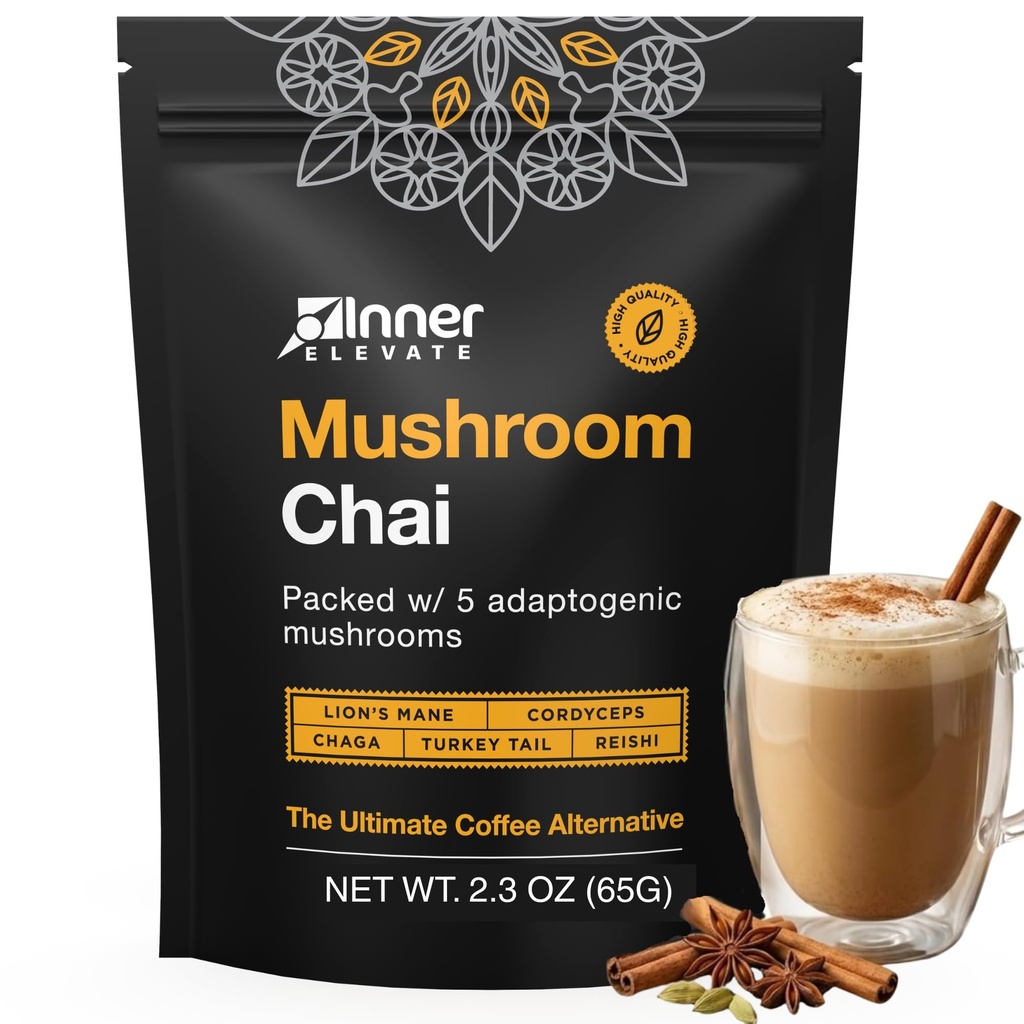 Notranja Elevate Superfood goba Chai - Ultimate Coffee Alternative - Adaptogene gobe čajna pijača z levjo grivo, Cordyceps, Chaga, Reishi, Turčija rep (35 Servings)