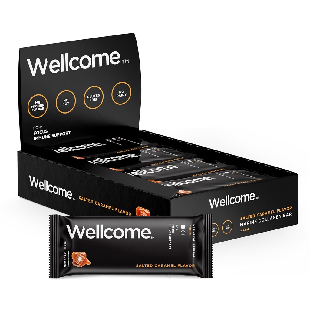 Wellcome Soled Karamel Marine Colagen Protein Bar z Reishi gobami za energijo in imunske podpore - Adaptogene prigrizek Bar - Mlečni brez zdravja Bar za funkcionalni aktivni življenjski slog (Pack of 12)