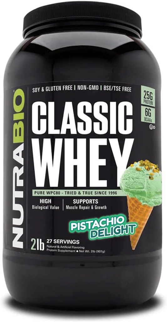 NutraBio Classic Whey Protein Powder- 25G Protein Per Scoop - Full-Spectrum Amino Acid Profil - Brez polnil, umetne barve, konzervansi - (Pistachio Delight, 2 funta)