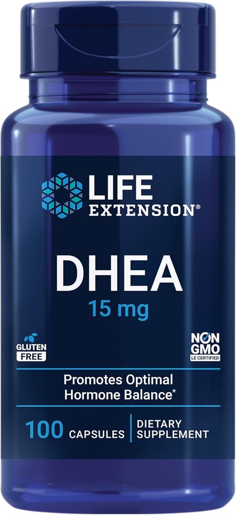 Life Extension DHEA 15 mg – Hormonska dopolnila za ravnotežje, spomin, mišično maso in gostoto kosti, zdrav spolni pogon, brez glutena, brez GMO, 100 kapsul