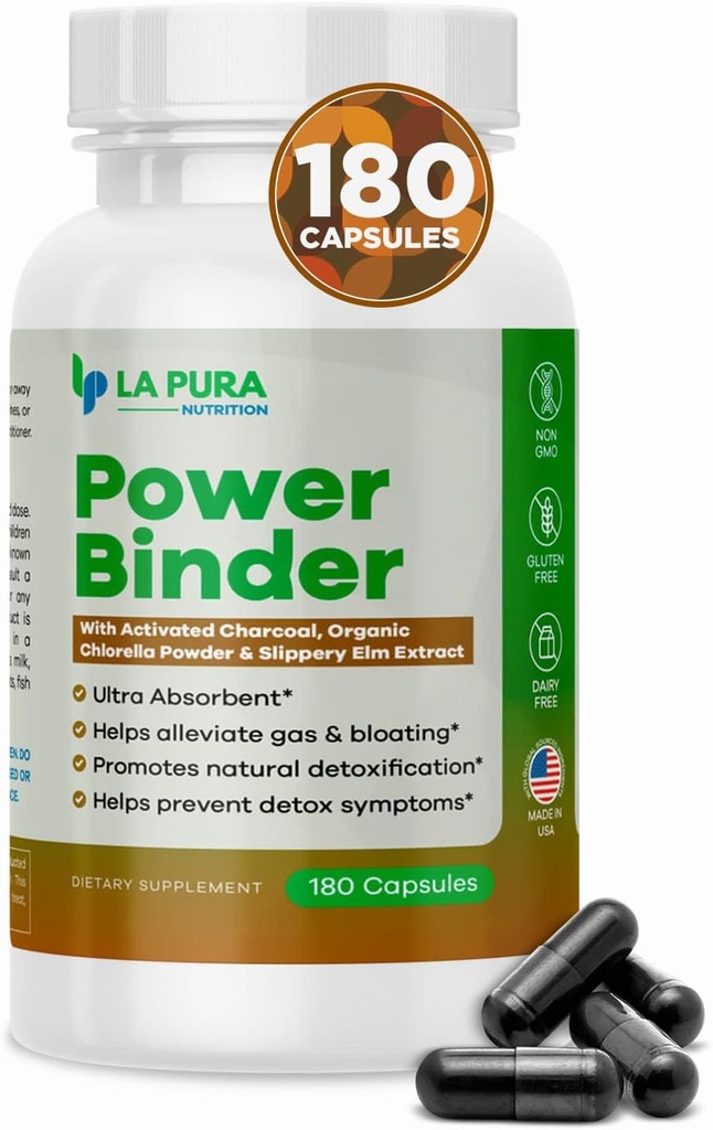 Mešanica LaPura Power Binder – Detox & Cleanse z aktivnim ogljem, organski klorid v prahu in spolzka Elm Extract – pomaga blažiti plin in napenjanje – spodbuja naravno razstrupljanje - 180 kapsul