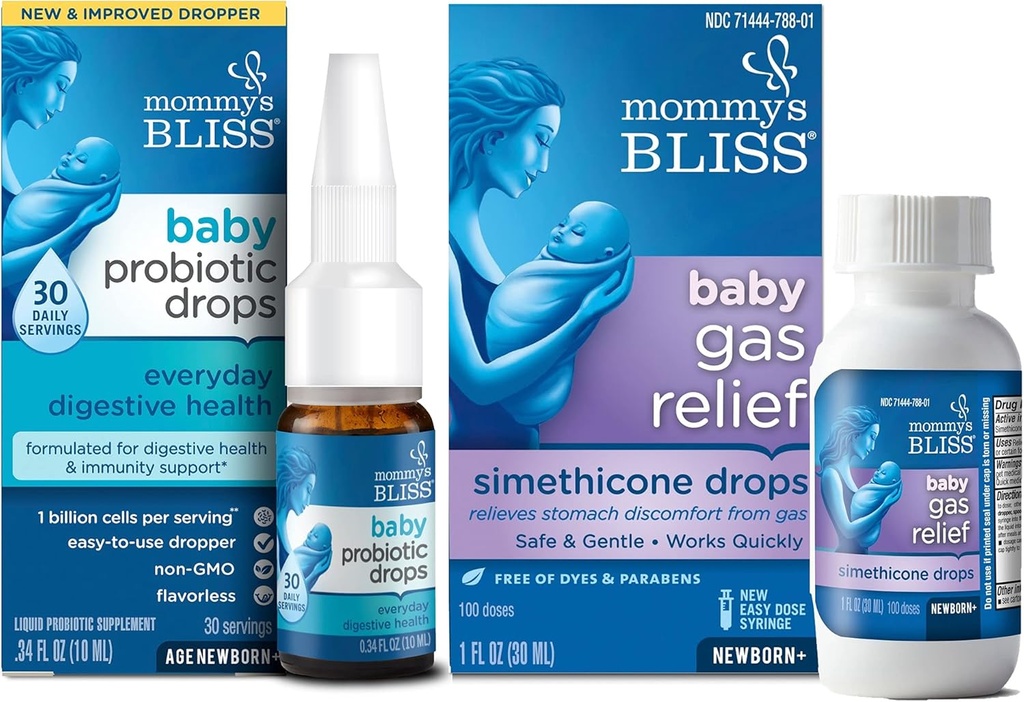 Mamina Bliss Baby Probiotične kapljice vsak dan za prebavne in imunitete zdravje, 30 Serving (Pack of 1) s hitro delujočim Baby Gas Relief kapljice 100 Serving (Pack od 1)