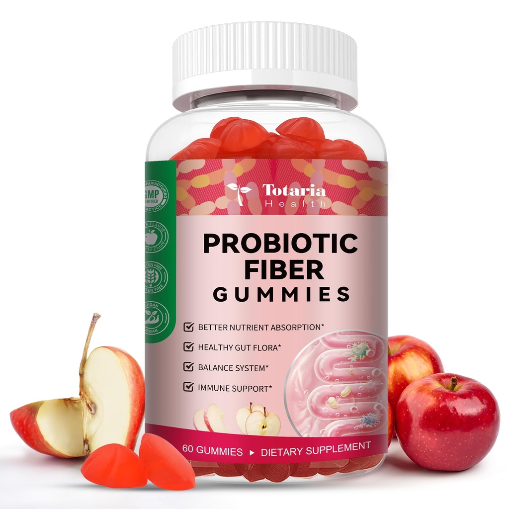 Totaria 9-in-1 Probiotic Fiber Gumies za odrasle in najstnike 16G Fiber na serviranje, Psyllium Fiber dodatek s 5 milijardami CFU Bacillus Coagulans, Inulin, ACV za prebavne in Gut Wellness - 60 Gumies