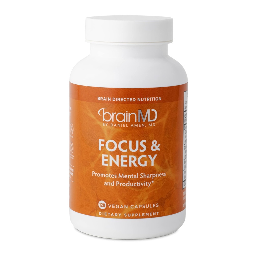 Dr. Amen BrainMD Focus & Energy - 120 Kapsule - Pospeševalec mentalne vzdržljivosti, spodbuja koncentracijo in pozornost - Kofein brezplačno, Gluten brezplačno - 30 Sluge