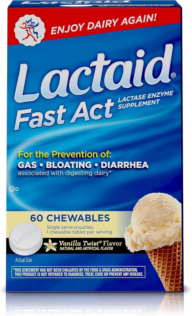 Lactaid Fast Act Laktoza Intoleranca Žvečilni žvečilni izdelki z encimi laktaze, Vanilla Twist, 60 Pks 1-ct.