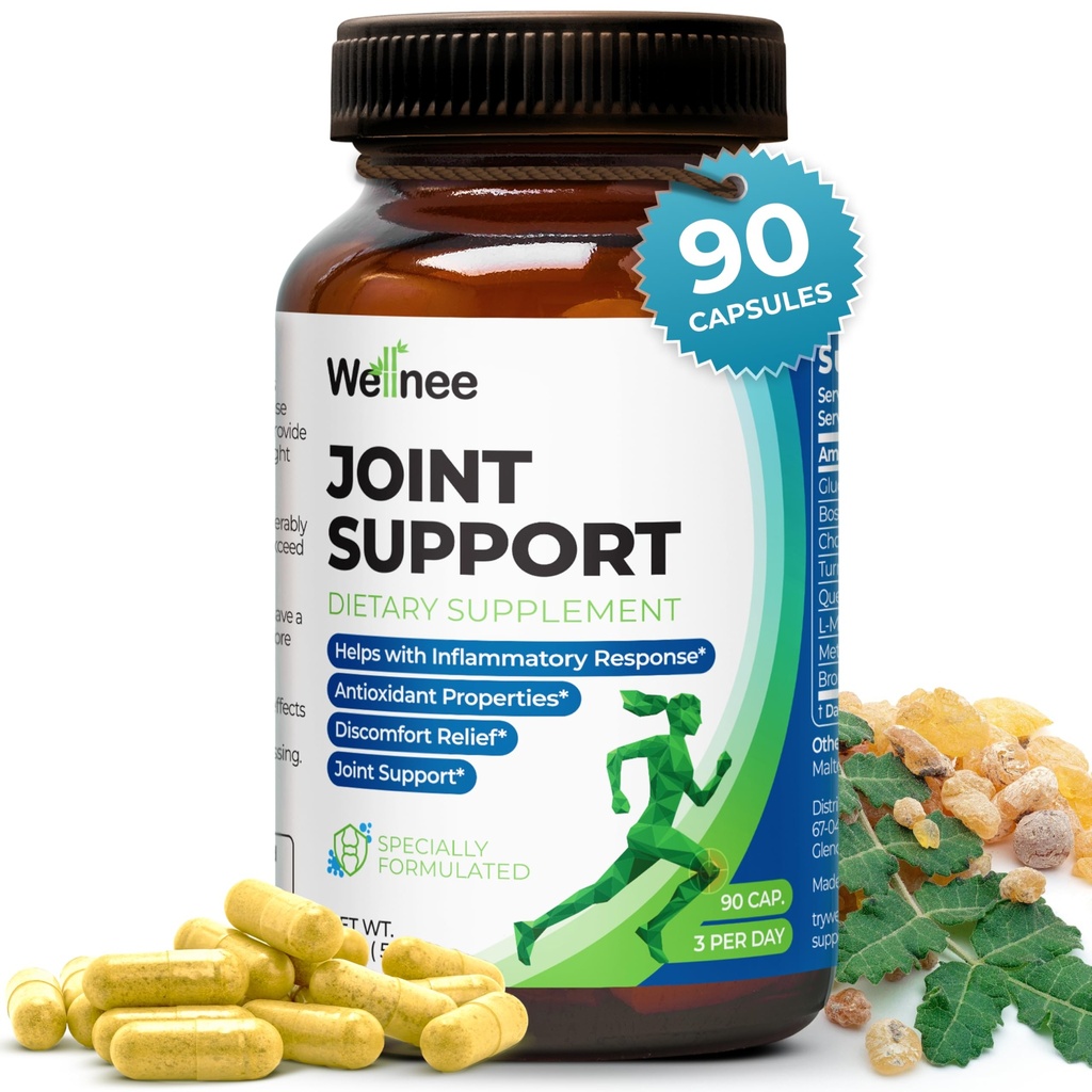 Wellnee Joint Support Supplement - Glukozamin Chondroitin MSM, Boswellia & Kurmeric - Relieves Joint Nelagodje in podpora Fleksibilnost - Wellknee Joint Support - 90 Kapsule, 30 Servinges