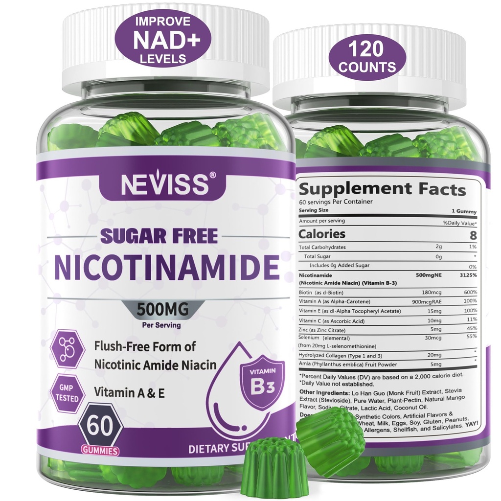 Brez sladkorja Nikotinamid 500mg Gumies, (Flush Free Niacin) Vitamin B3 Niacinamid Dodatek za celično energijo Presnova in popravila, Vitalnost, zdravo staranje, brusnični okus, Enostavno za žvečenje, 120 Cts