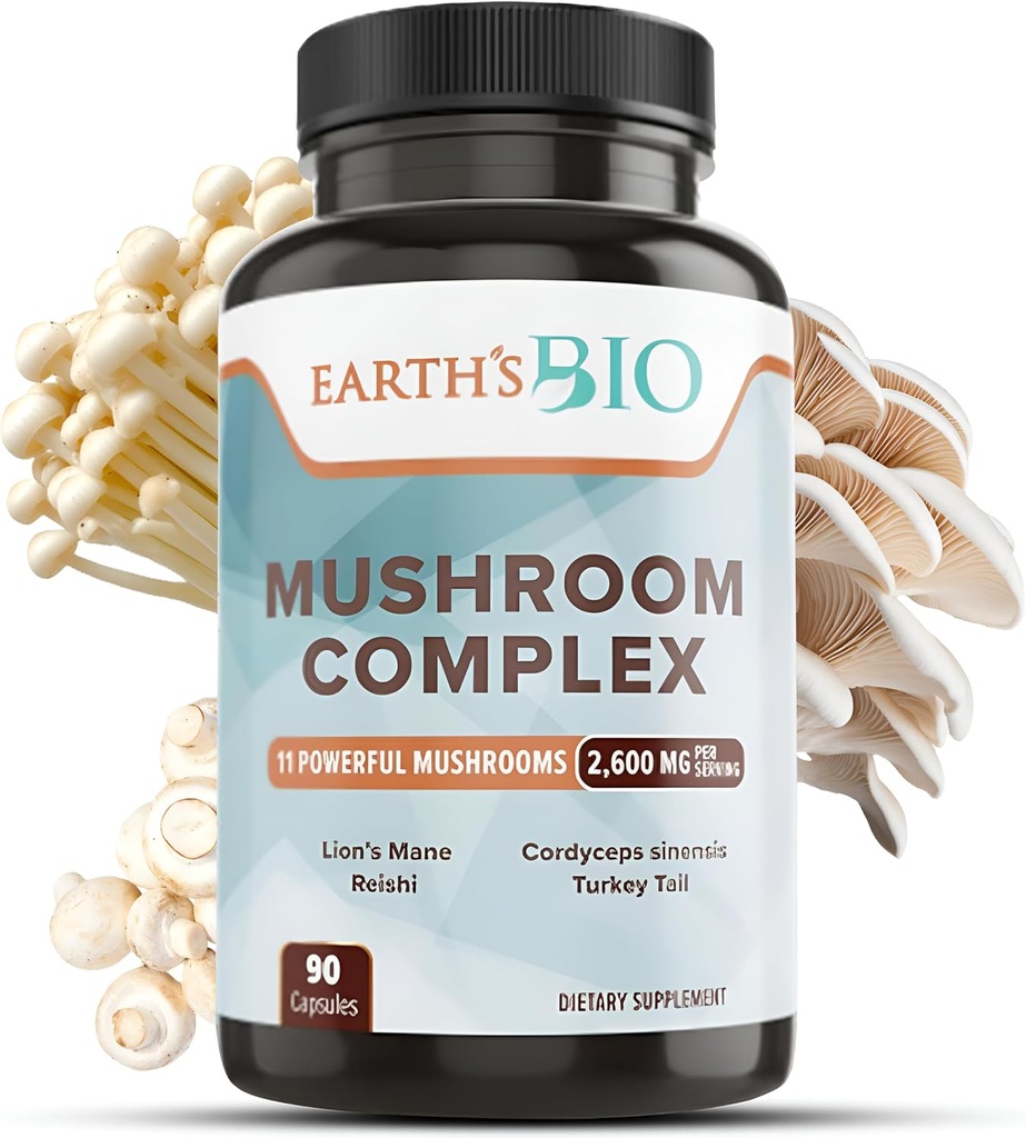 Zemeljska bio goba dopolnilo kompleks 2,600 mg na serviranje, 90 Caps, z organsko levjo grivo, Turčija Tail, Enoki Agaricus, Bela Button & Oyster goba - Spomin in imunske podpore
