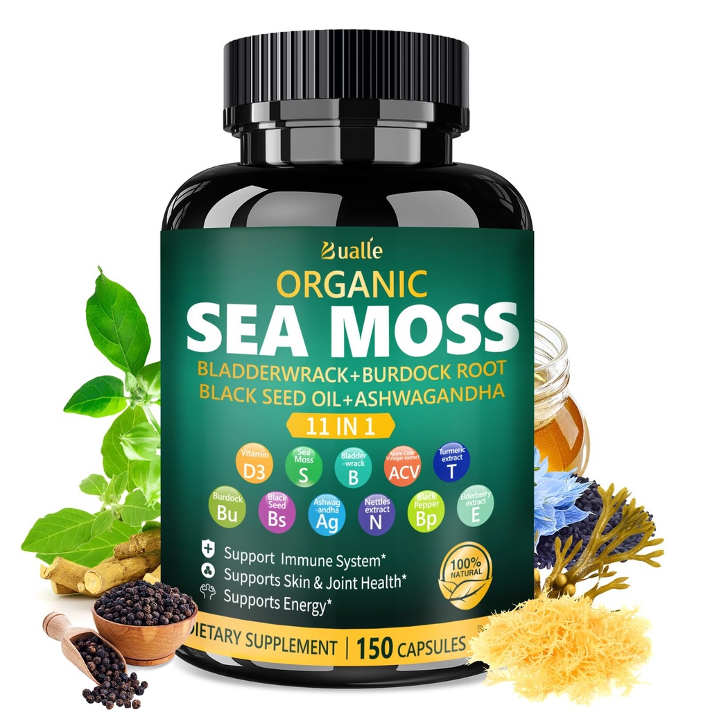 Organic Sea Moss Capsules, 11-in-1 Irish Sea Moss 30:1 Extract 300 mg with Vitamin D3 5000 IU, Black Seed, Ashwagandha, Bladderwrack & Burdock Root, Vegan Supplement, 150 Capsules