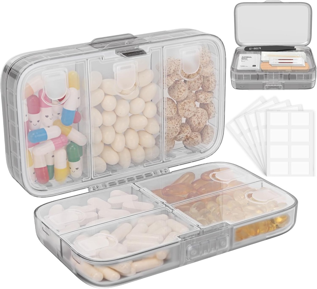 FYY tedenske tablete Organizator z nalepkami,8 Kompartmenti Travel Daily Pill Primer Airtext Nepropustne velike tablete Škatla za zadrževanje vitaminov, ribje olje, dodatki,Cotton Swab in Bandages-Grey