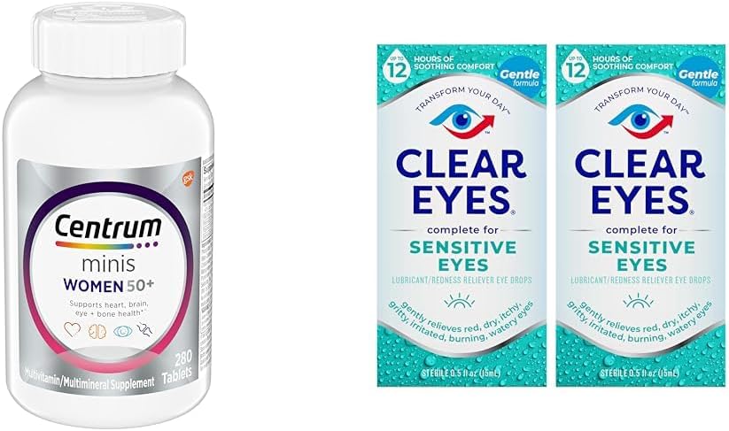 Centrum Minis Srebrni ženski multivitamin za ženske 50 Plus, Multimineralni dodatek z vitaminom D3, B Vitamini, Ne-GMO Sestavine, Podpira spomin in kognicijo pri starejših odraslih - 280 Ct & jasno oči, občutljive oči, kapljice za oči, 0.5 Oz, 2 Pack