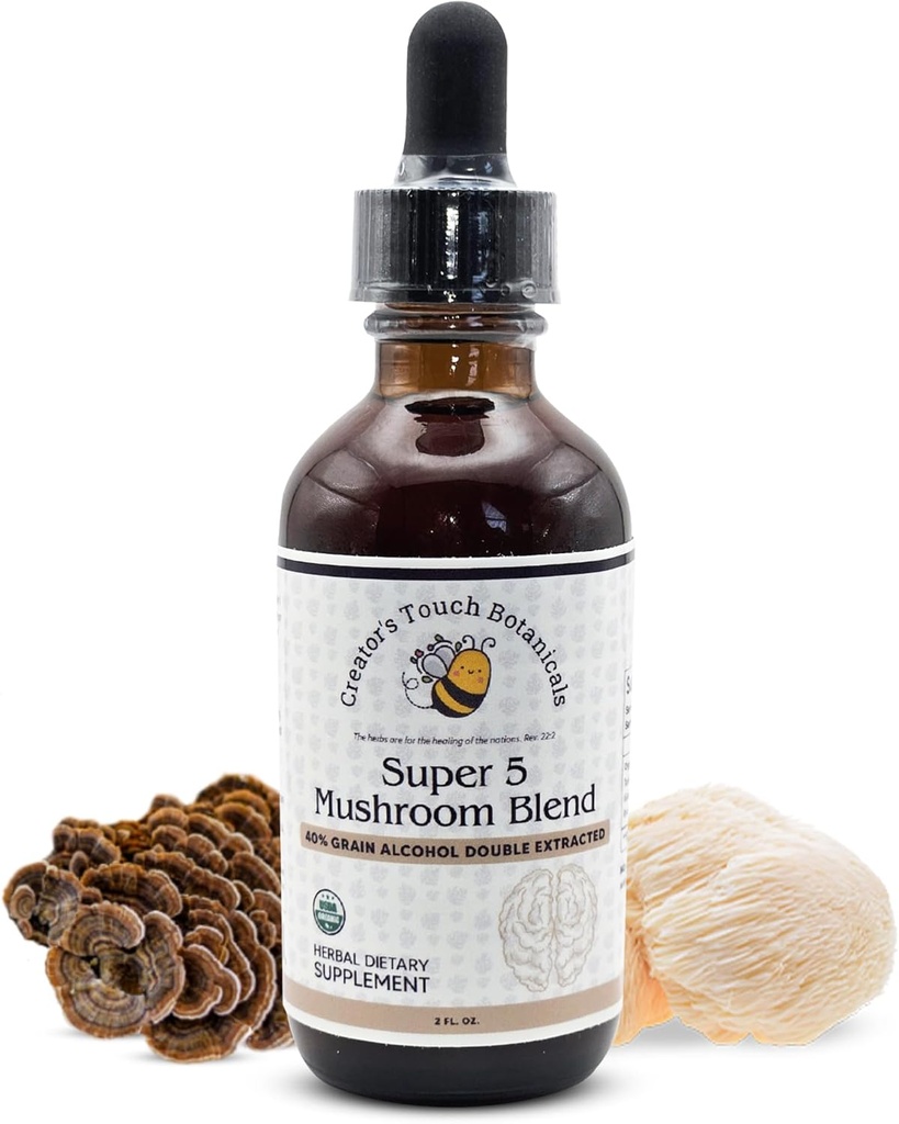 Creator's Touch Botanicals, Super 5, Gobe, Mešanica 2 fl oz z Reishi, Turčija rep, Levi Mane, Chaga in Maitake gobe za imuno podporo. Dvojno izvlečeno, Macrated.