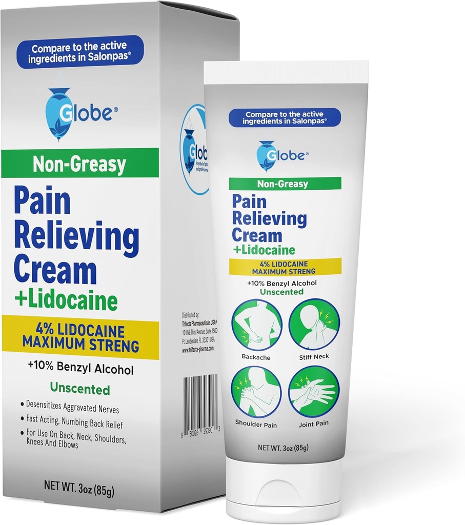 Globe Pain Relading Cream Plus 4% Lidokain, maksimalna moč Numbing Relief, hitro delujoča topična terapija za bolečine v mišicah, bolečine v sklepih, bolečine v hrbtu, bolečine v vratu, bolečine v vratu, sprains & spazems, neokusno, 3oz