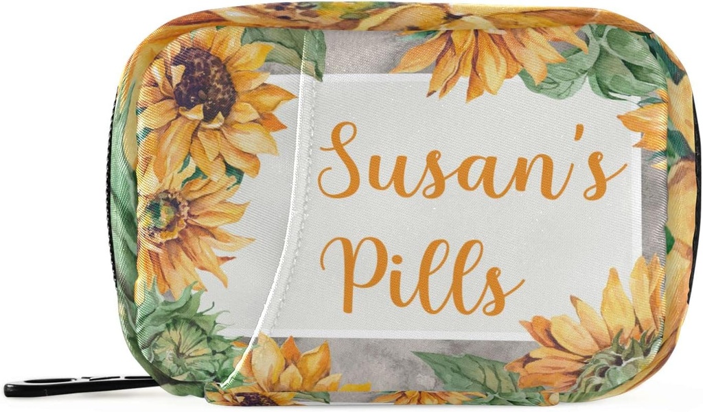 Custom tablete Box 7 Day Pill Case Bag Sončnica Personalizirano ime Travel tablete Organizator vrečka z zadrgo Prenosni tedenski primer kompaktna velikost za vitamin dodatek imetnik