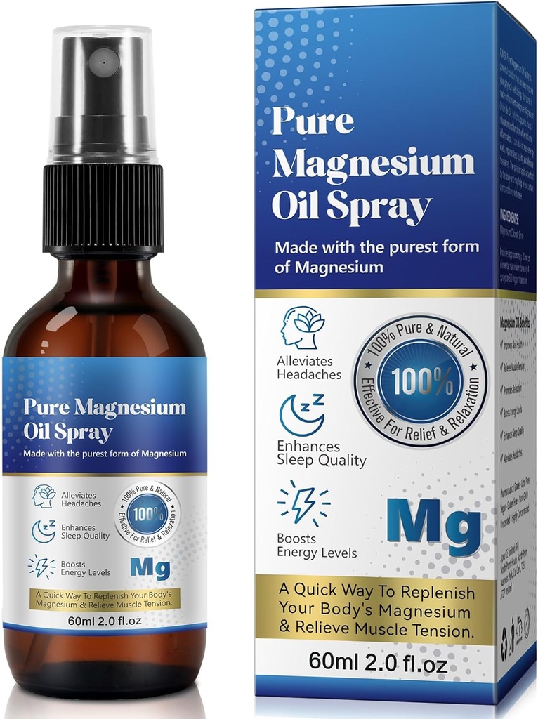 Čisti topično magnezijevo olje Spray, Magnezij Spray za noge, 100%, Hitra absorpcija - Naravni vir z močno mešanico eteričnih olj, Replenish Body- 2.02 fl oz
