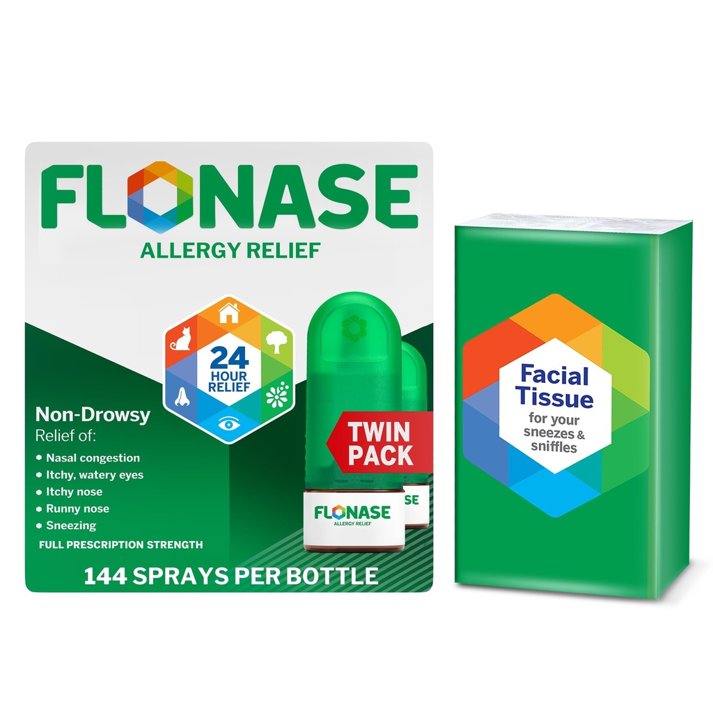 Flonase Alergija Relief nosni pršilo, 24-urno nezadržno multisimptomsko olajšanje – 144 pršila (paket po 2) in bonusno pakiranje tkiv