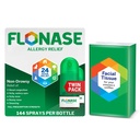 Flonase Alergija Relief nosni pršilo, 24-urno nezadržno multisimptomsko olajšanje – 144 pršila (paket po 2) in bonusno pakiranje tkiv