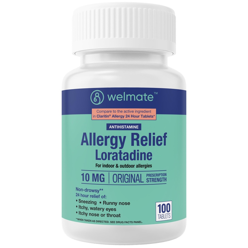 WELMATE - Alergija Relief - Loratadine 10 mg - 24 ur Relief Antihistaminik - Non Drowsy - Runny Nose - Sneesing - Stchy Nose & Throat - Watery Eyes - Notranje in zunanje alergije Medication - 100 Count