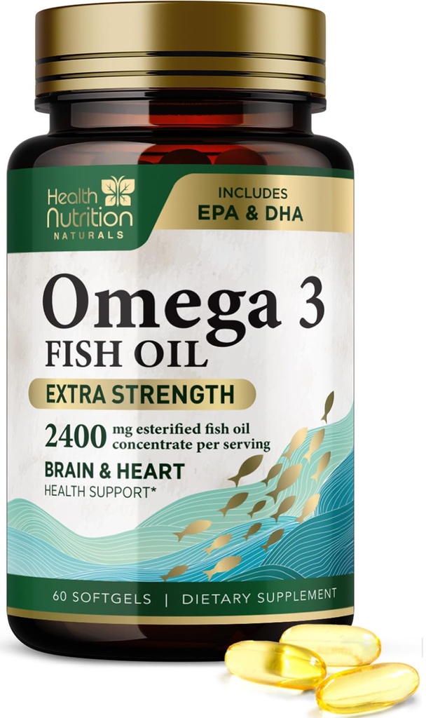 Omega 3 ribje olje 2400 mg - Trojna moč Omega-3 dodatki - Naravni možgani zdravje srca in imunske podpore - Maščobne kisline z EPA & DHA - Wild Caught Prečiščen ribje olje dodatek - 60 Softgels