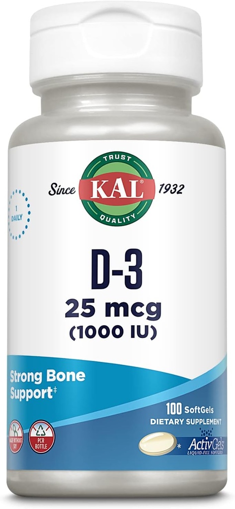 KAL Vitamin D3 1000 i.e. softgels (25 μg), aktivna oblika vitamina D, kalcijeva absorpcija, zdravje kosti, imunski dodatek, tekoči polnjeni ActivGel, izdelan brez soje, 100 servingov, 100 softgels