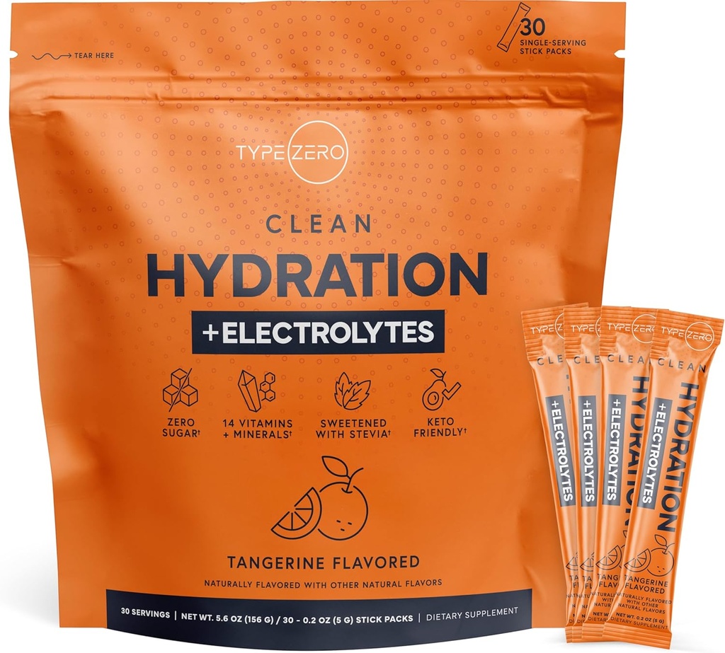 Tip Zero Clean Hydration + Elektrolitis Drink Mix (30 eno-serving Packets) - Napredna Hidracija za vsako priložnost (Tangerine)