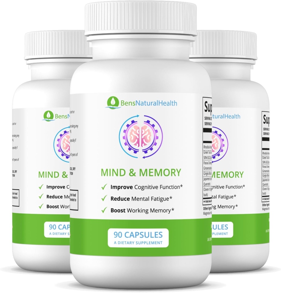 Ben's Natural Health Mind & Memory Supplement, Nootropic Brain Support with Rhodiola, Green Tea, Cloves & Quercetin, 90 kapsul, 3 pakiranja