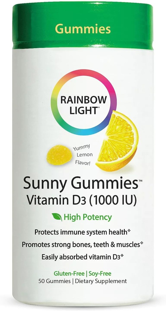 Mavrična svetloba - Sunny Gummies Vitamin D3 1000 i.e., Podpora za zdrave kosti, mišice in imuniteto v družini prijazno žvečljivi z vitaminom D3, brez soje, brez glutena, Sour Lemon, 50 Gummy kapljice