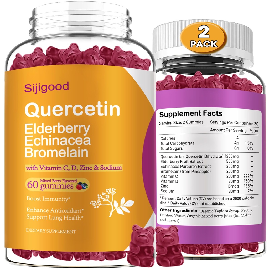 2 Pakiranja Quercetin z bromelain Gumies, Elderberry, Echinacea, Vitamin C D cink - Imunski sistem Podpora 120 Counts Pure Quercetin Dopolnila Gumies za otroke in odrasle
