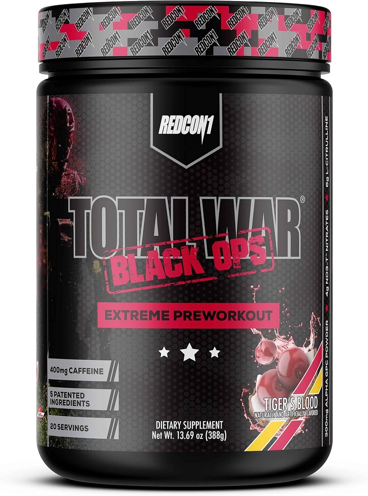 REDCON1 Skupna vojna Črne operacije Extreme Preworkout Prašek, Tigri kri, visoko Stimulant, 400 mg kofeina, NO3-T nitrati + L-citrulin, povečanje pretoka krvi, mišične črpalke (20 Servinga)