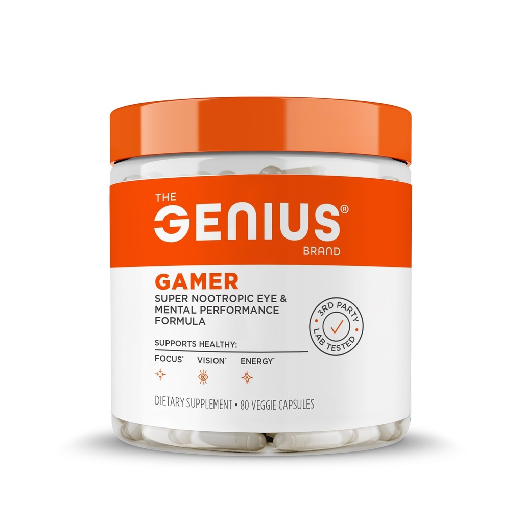Genij Gamer, Gaming Focus Supplement, 80 tablete - Elite Nootropic Performance Booster - Boost Brain & Duševna jasnost, Reaction Time & Koncentracija - Modra svetloba podpora z lutemax