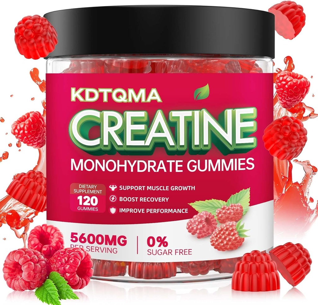 Kreatin monohidrat Gumiji za moške in ženske 120 CT - 5600 mg kreatin monohidrata na serviranje, žvečljivi kreatin monohidrat za podporo mišic in povečanje energije, sladkor brez, vegan (Raspberry Flavor)