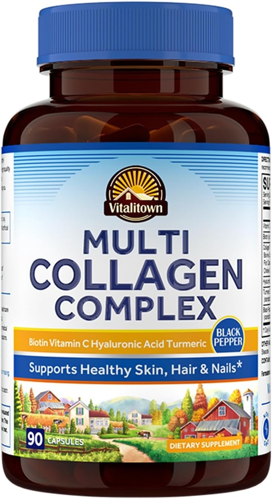 Vitalitown Multi Collagen Complex, tip I, II, III z biotin, vitamin C, hialuronska kislina, kurkuma, črna paprika za kožo, lase, nohti, 90 kapsul, ne-GMO