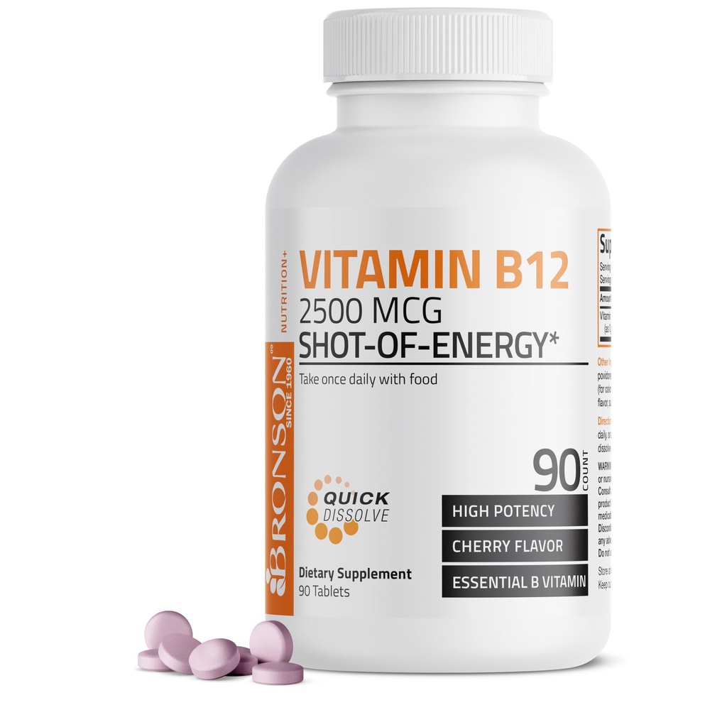 Vitamin B12 2500mcg Shot energije hitro raztapljanje žvečljive tablete - hitro sproščanje Cherry arome podjezično B12 Vitamin - Podpira živčni sistem, zdravo delovanje možganov proizvodnja energije – 90 Count