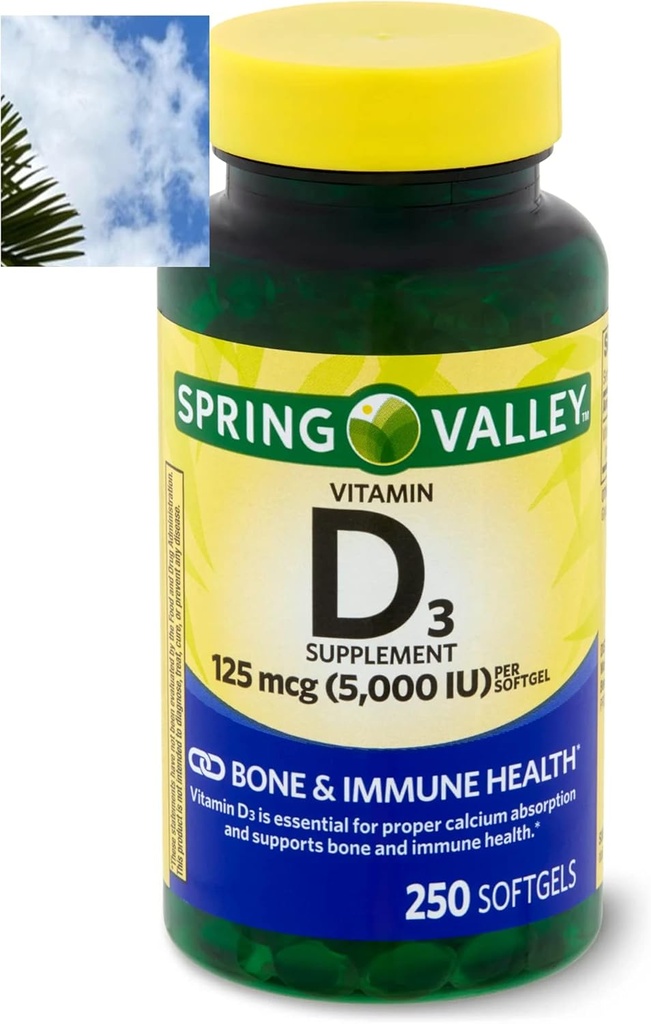 Spomladanska dolina Vitamin D3 Softgels, 125 μg na softgel, 5000 i.e., 250 štev.