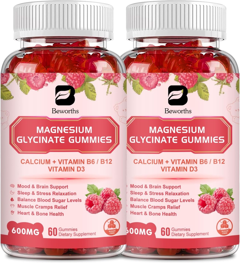 (2 Pack) 600 Mg Magnezij Glicinat Gumies, Magnezij dodatek kompleks magnezijevega malata, magnezijev citrat & kalij, Podpira noč & Skupni, Energy Boost, Vegan & 0-Sugar, Raspberry 120 Count